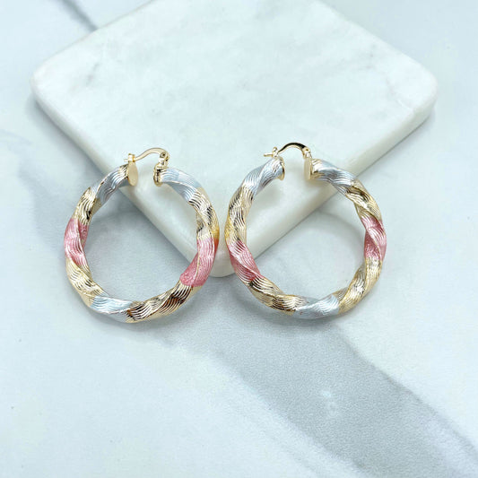 18k Gold Filled 35mm or 45mm Tri-Tone, Tri-Color, Gold Silver Pink, Twisted Design Hoops Earrings, Wholesale Jewelry Making Supplies