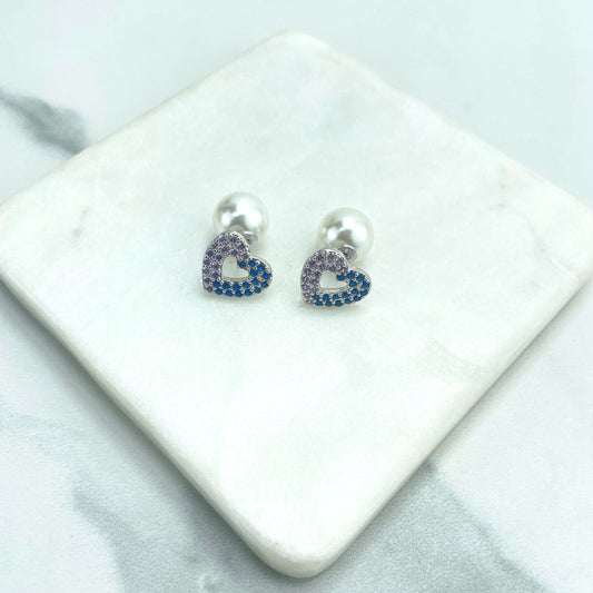 18k Gold Filled Clear & Blue CZ with Simulated Pearl, Heart Shape, Ear Jacket, Front Back Stud Earrings, Double Sided, Wholesale Jewelry