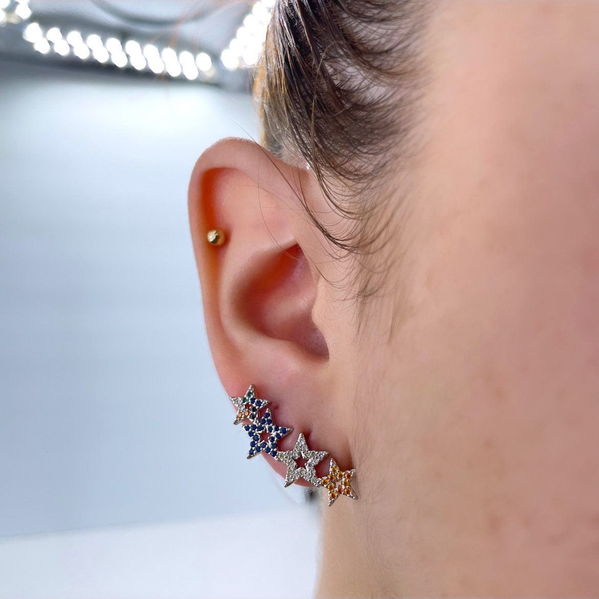 18k Gold Filled or Silver Filled, Colored CZ Stars Ear Climber Design, Ear Jacket, Front Back Stud Earrings, Double Sided Wholesale Jewelry