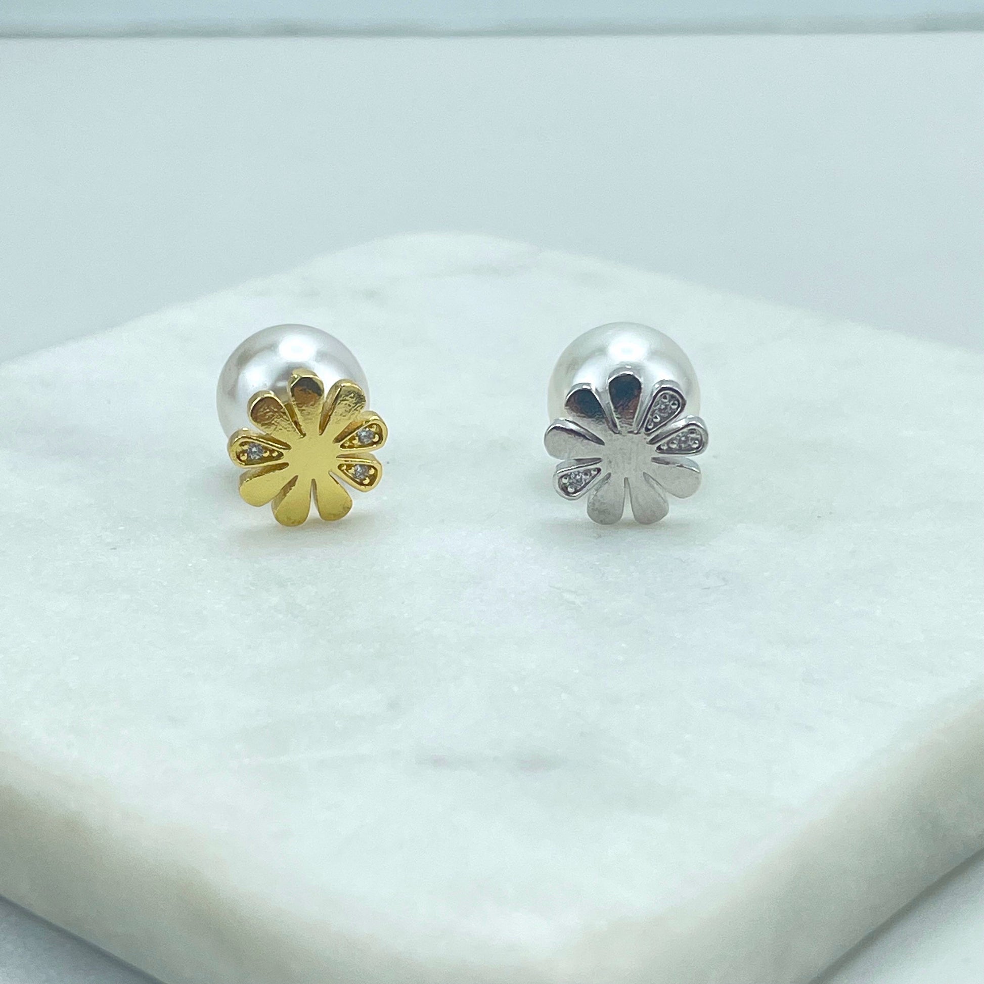 18k Gold Filled or Silver Filled, Clear CZ Flower Shape with Pearl, Ear Jacket, Front Back Stud Earrings, Double Sided Wholesale Jewelry