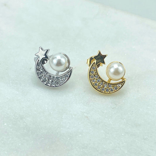 Silver Filled or 18k Gold Filled Cubic Zirconia Moon Star Shape with Simulated Peal Detail, Stud Earrings, Wholesale Jewelry Making Supplies