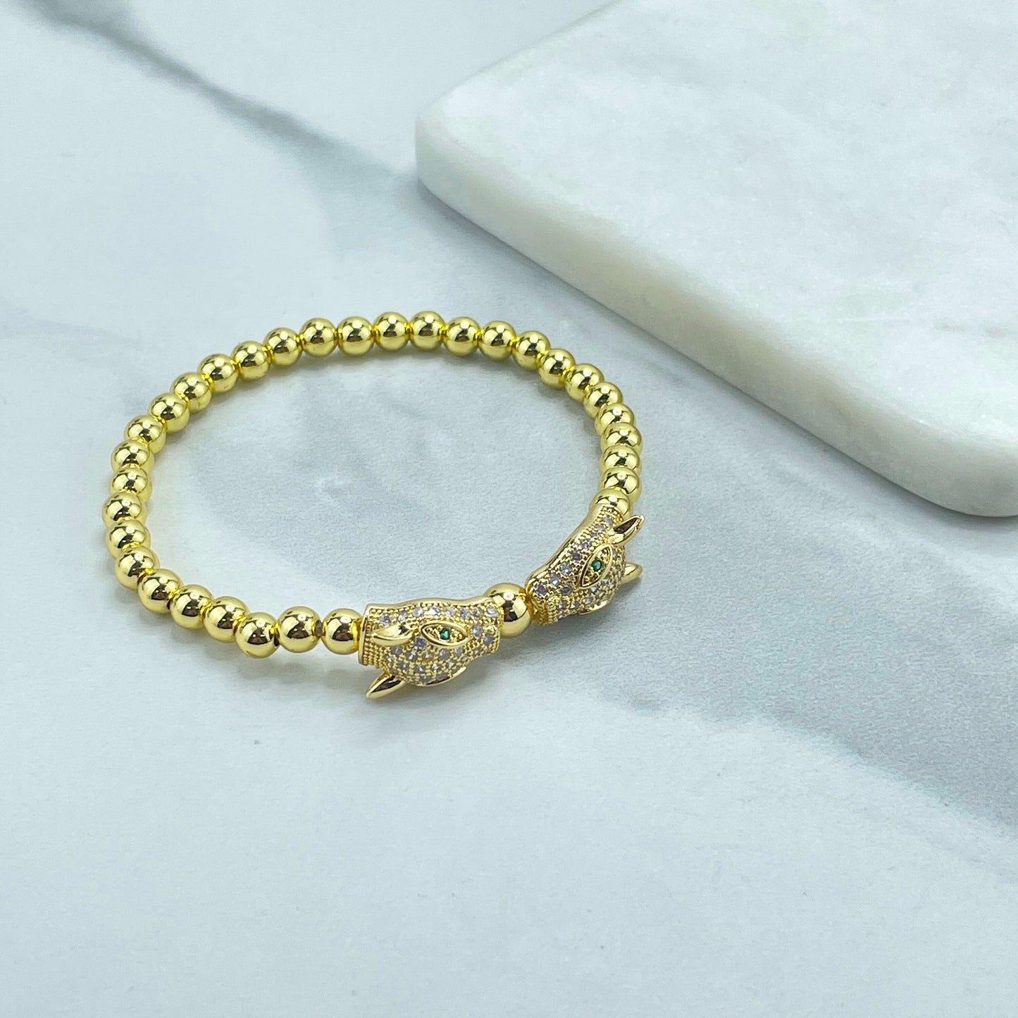 18k Gold Filled Beaded Bracelet Micro CZ Two Heads Panther Tiger Charm Bracelet, Wholesale Jewelry Making Supplies