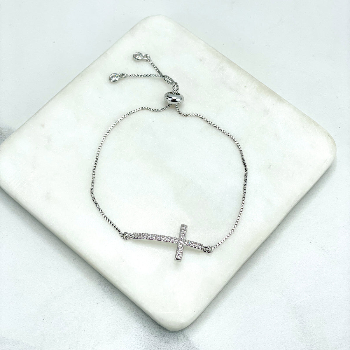 18k Gold Filled or Silver Filled Box Chain & Cubic Zirconia Cross Shape Charm Adjustable Bracelet, Wholesale Jewel Making Supplies