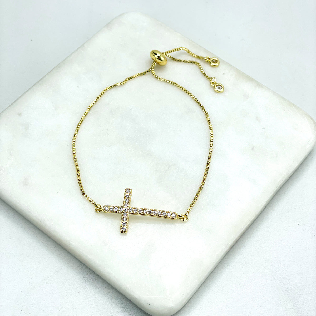 18k Gold Filled or Silver Filled Box Chain & Cubic Zirconia Cross Shape Charm Adjustable Bracelet, Wholesale Jewel Making Supplies