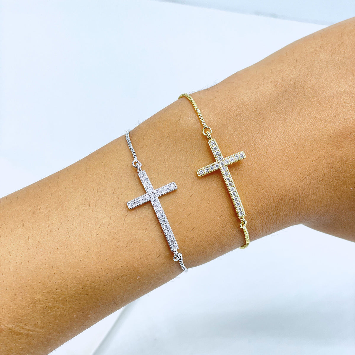 18k Gold Filled or Silver Filled Box Chain & Cubic Zirconia Cross Shape Charm Adjustable Bracelet, Wholesale Jewel Making Supplies