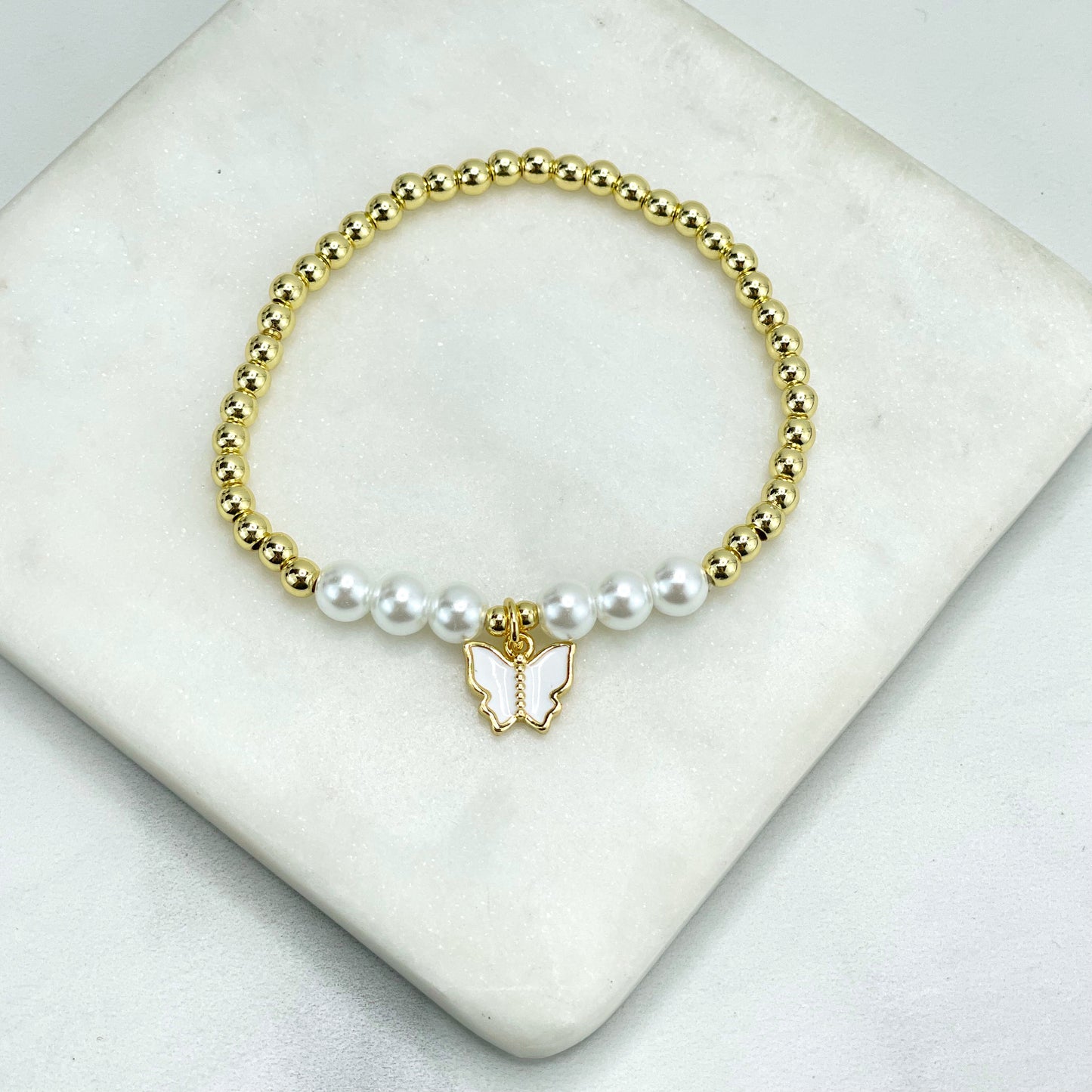 18k Gold Filled Clover, Butterfly or Hamsa Hand Madreperola Charm & Simulated Pearl Beaded Bracelets, Wholesale Jewelry Making Supplies