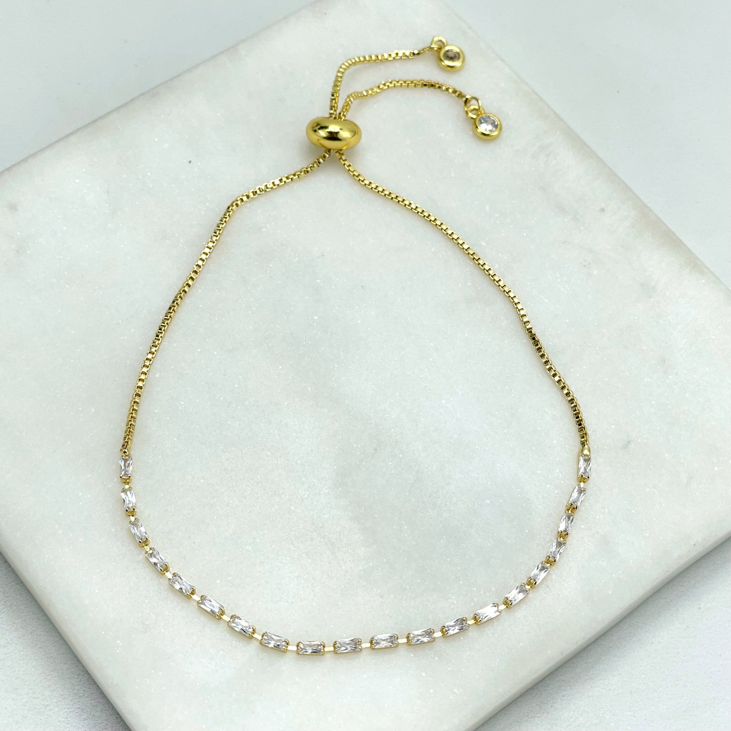18k Gold Filled Box Chain & Clear Cubic Zirconia Slide Clasp Tennis Linked Bracelet, 3 Different Sizes, Wholesale Jewelry Making Supplies