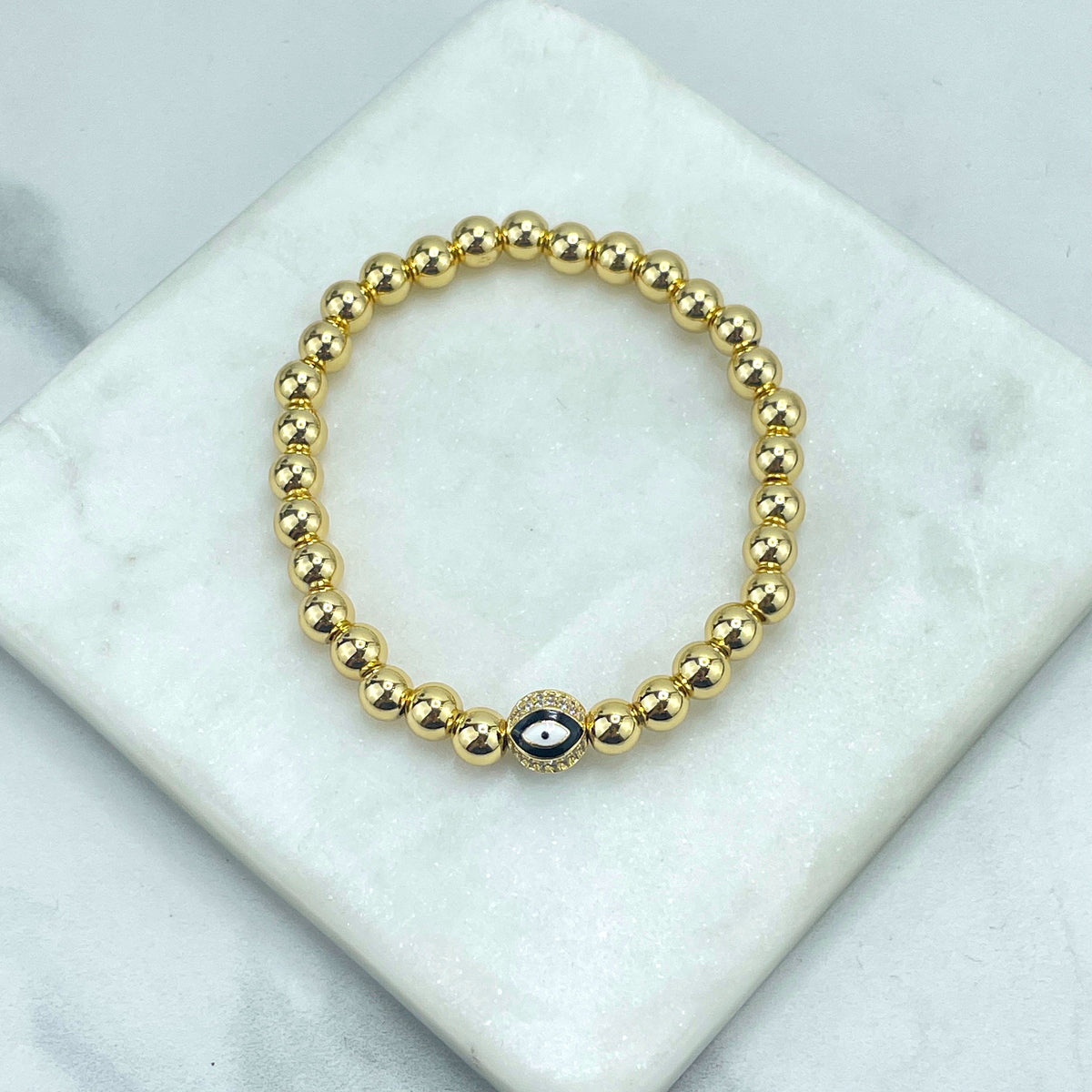 18k Gold Filled Cubic Zirconia Details Toped on Red, Green or Black Enamel Evil Eye Charm, Beaded Bracelet Wholesale Jewelry Supplies