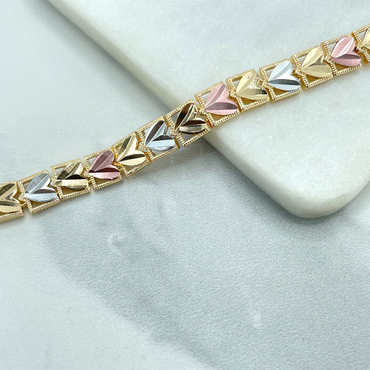 18k Gold Filled Cutout Square Linked Shape Chain with Tri-Tone Hearts Bracelet, Wholesale Jewelry Making Supplies