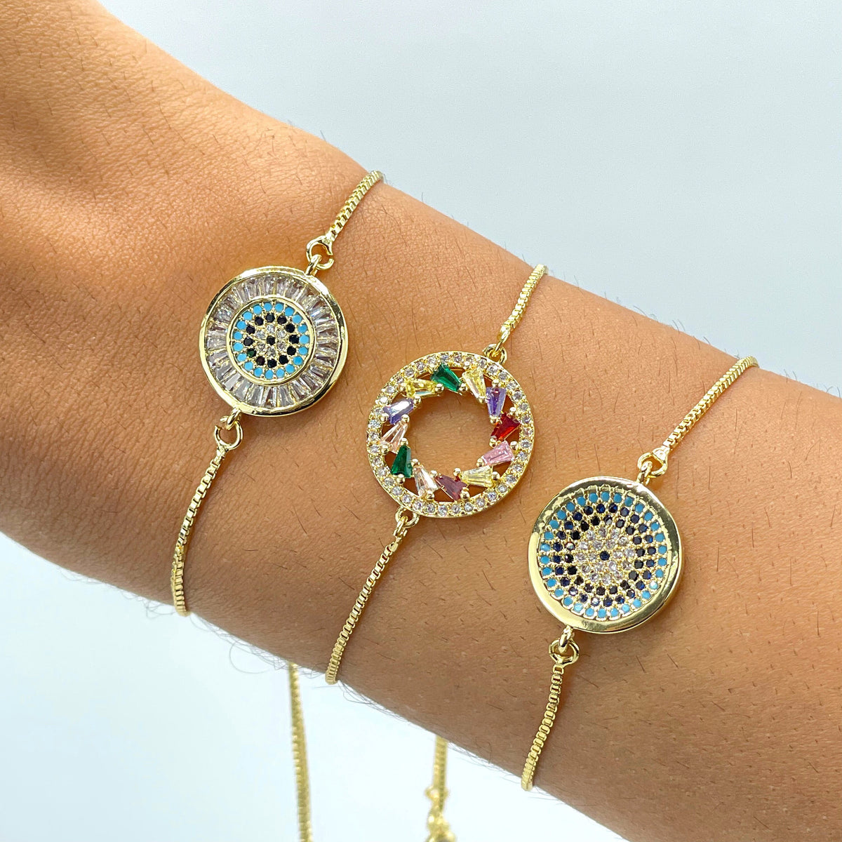 18k Gold Filled Box Chain Colored Micro Cubic Zirconia Rainbow Circle or Evil Eye Style Bracelet, Wholesale Jewelry Making Supplies