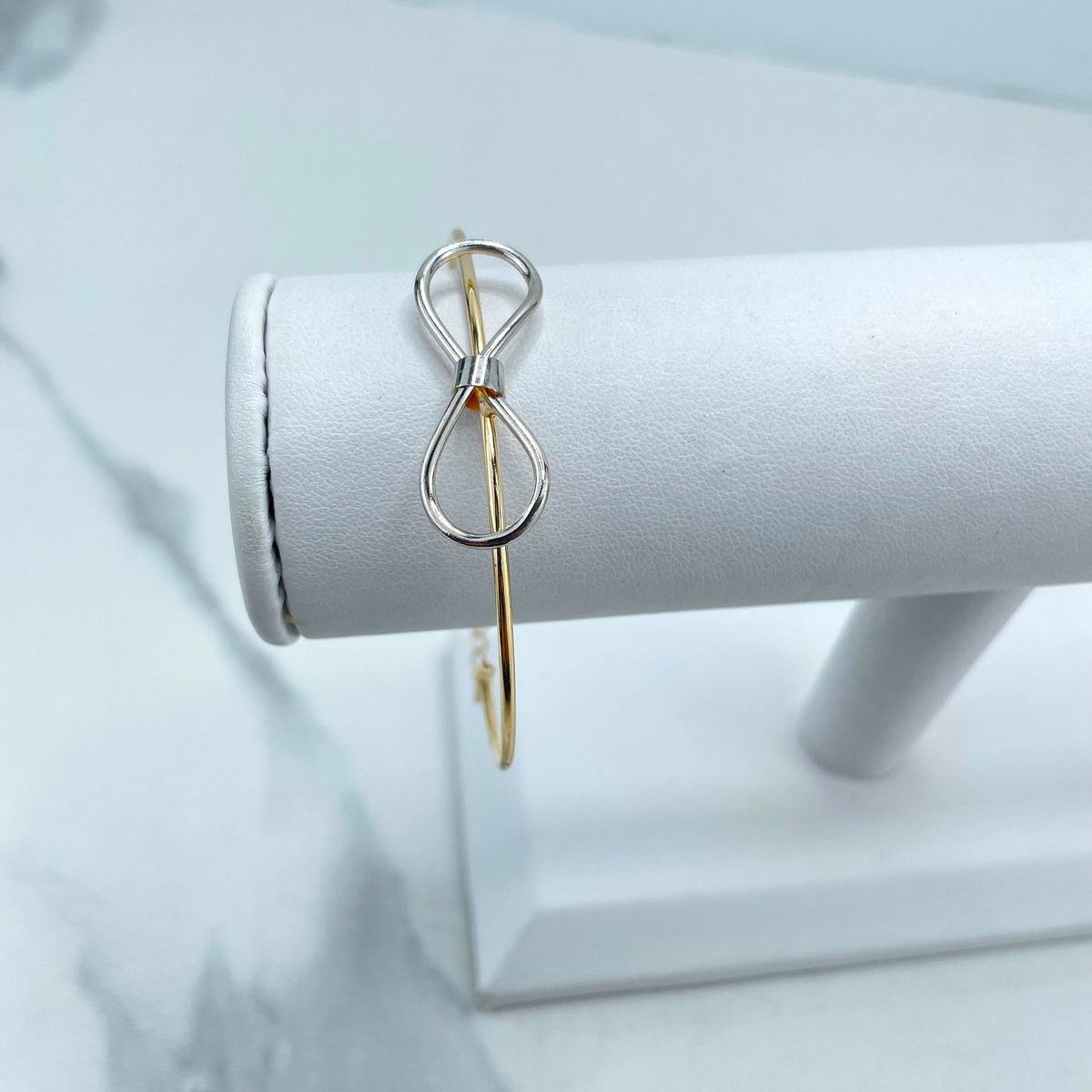 18k Gold Filled Two-Tones Cuff Bangle Bracelet with Bow Charm and Extension, Romantic Delicate Bracelet, Wholesale Jewelry Making Supplies