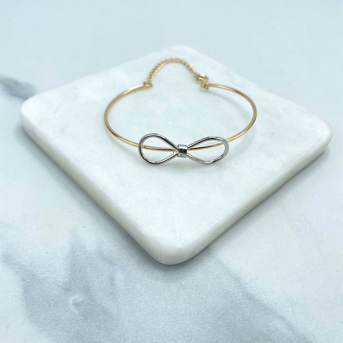 18k Gold Filled Two-Tones Cuff Bangle Bracelet with Bow Charm and Extension, Romantic Delicate Bracelet, Wholesale Jewelry Making Supplies