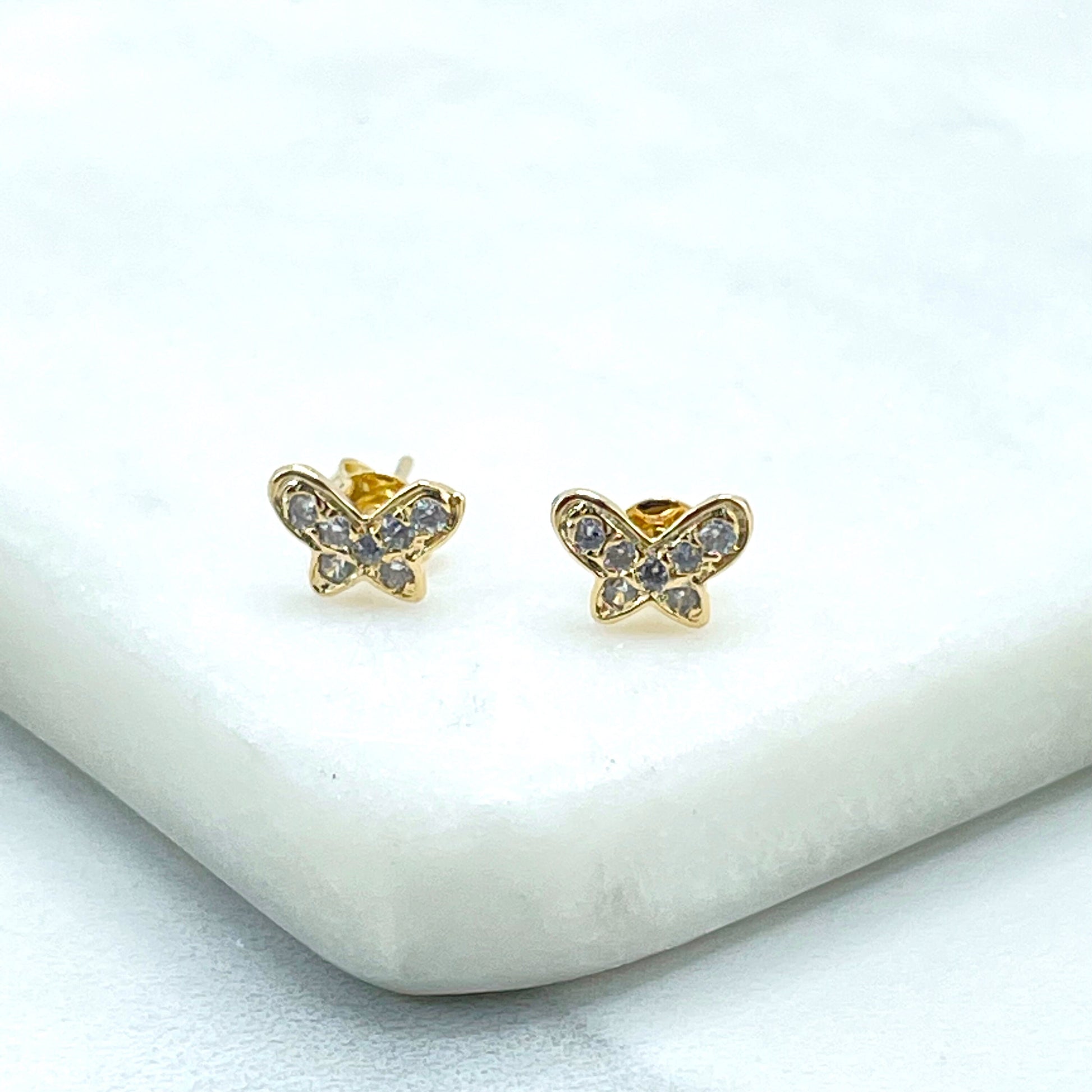 18k Gold Filled Clear Cubic Zirconia Pettie Small Butterfly Shape Stud Earrings, Delicate Vintage Romantic Earrings, Wholesale Jewelry