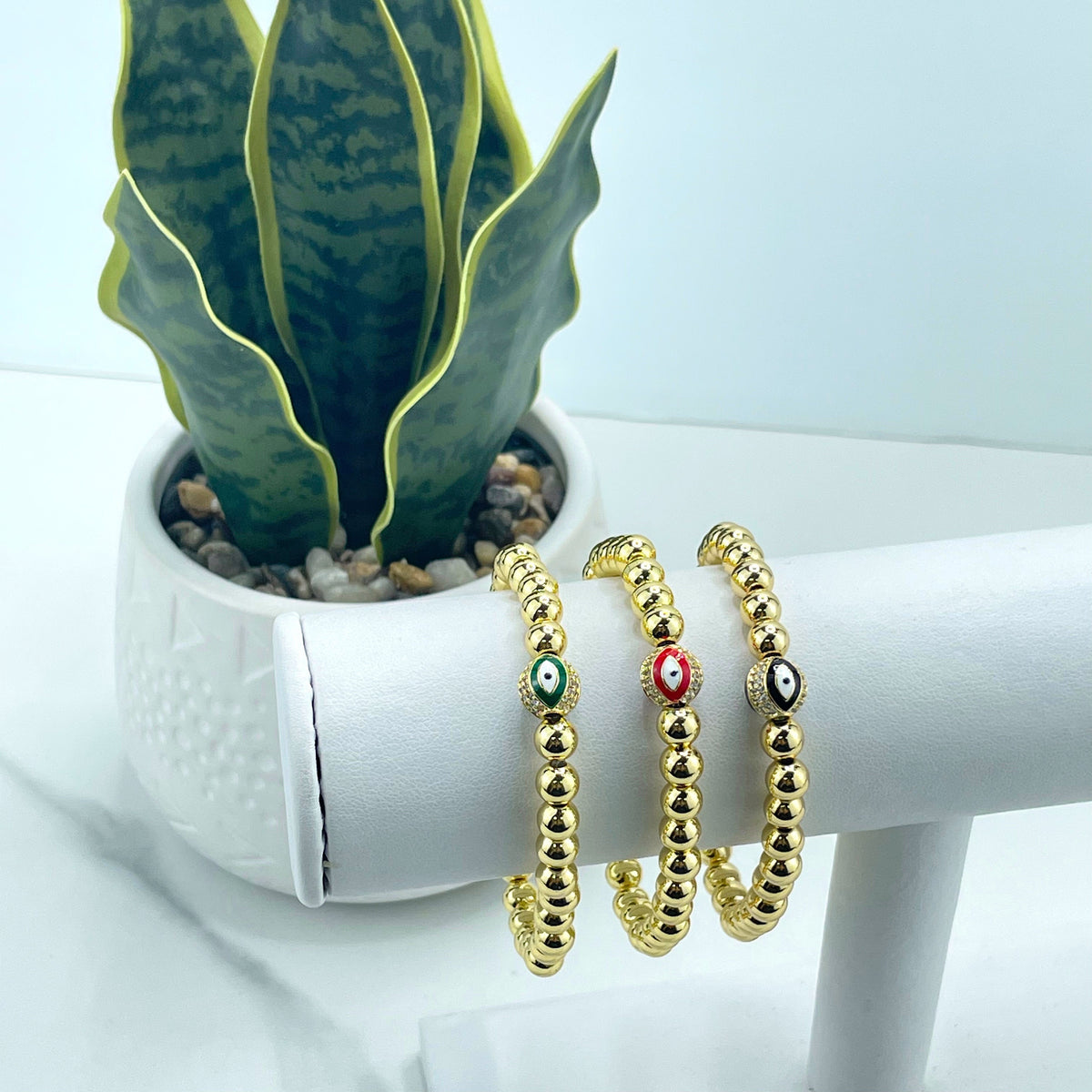 18k Gold Filled Cubic Zirconia Details Toped on Red, Green or Black Enamel Evil Eye Charm, Beaded Bracelet Wholesale Jewelry Supplies