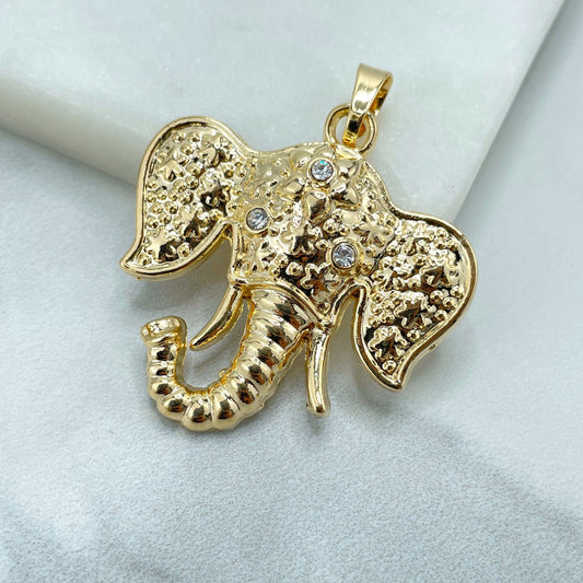 18k Gold Filled Texturized Elephant Shape Design with CZ Eyes and Third Eye Pendant Charms, Luck & Protection, Wholesale Jewelry Supplies
