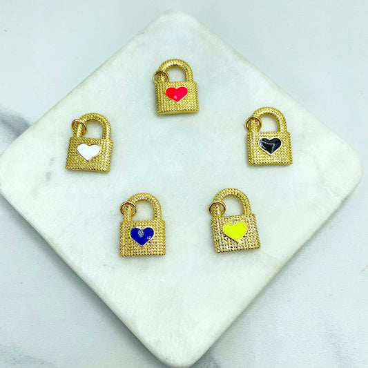 18k Gold Filled Texturized Padlock Shape Design with Colored Enamel Heart Charms Pendant, Wholesale Making Supplies