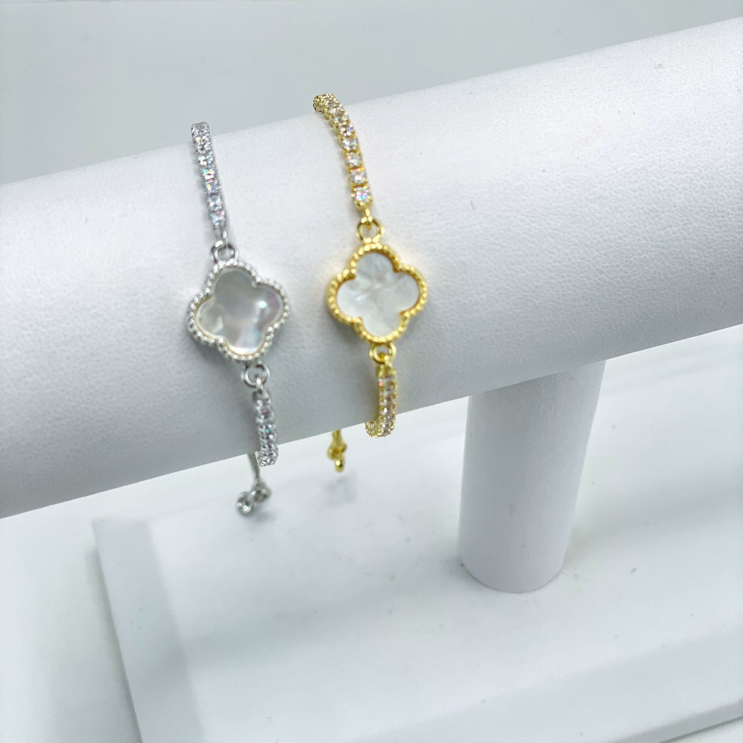 18k Gold Filled or Silver Filled Box Chain & Clear CZ, Madreperola Clover Charm Linked Bracelet, Adjustable Bracelet, Wholesale Jewelry