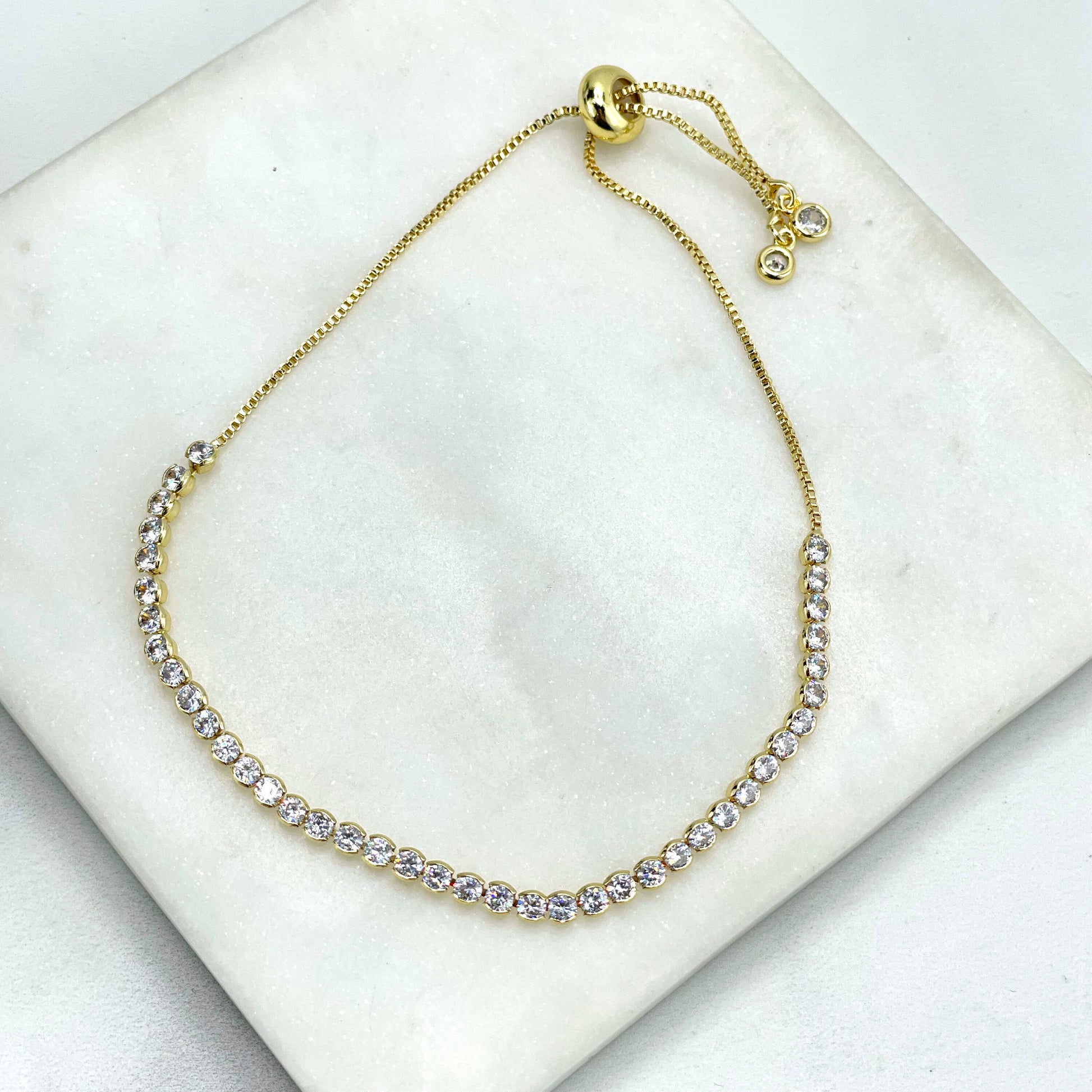 18k Gold Filled Box Chain & Clear Cubic Zirconia Slide Clasp Tennis Linked Bracelet, 3 Different Sizes, Wholesale Jewelry Making Supplies