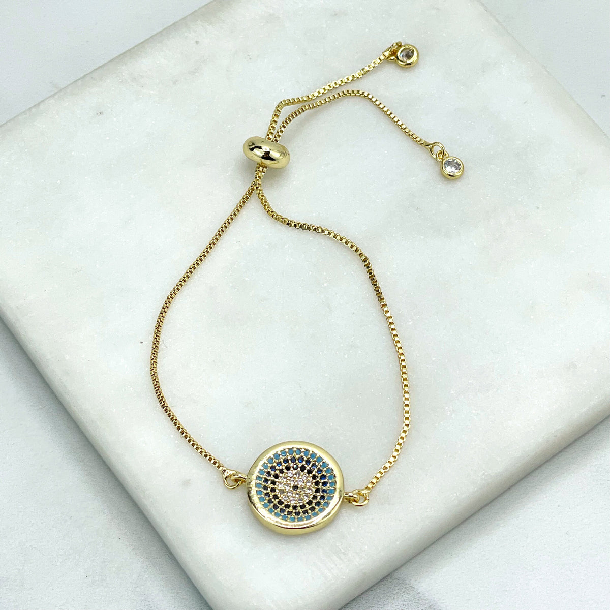18k Gold Filled Box Chain Colored Micro Cubic Zirconia Rainbow Circle or Evil Eye Style Bracelet, Wholesale Jewelry Making Supplies
