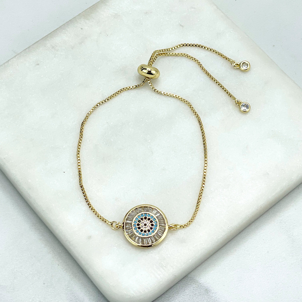 18k Gold Filled Box Chain Colored Micro Cubic Zirconia Rainbow Circle or Evil Eye Style Bracelet, Wholesale Jewelry Making Supplies