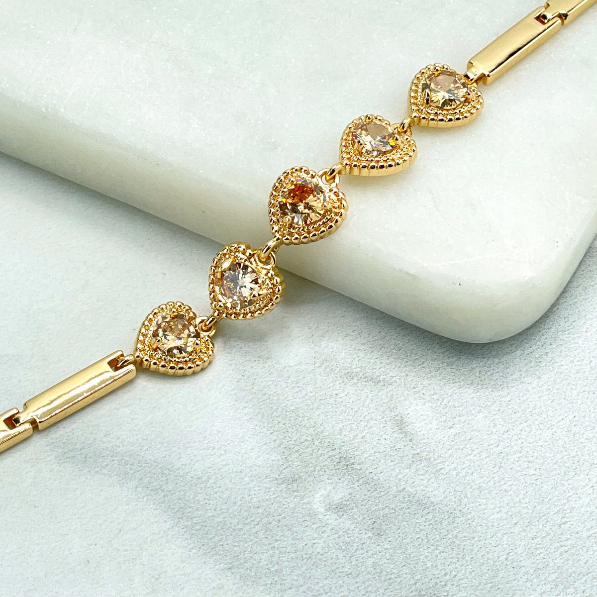 18k Gold Filled Amber Color Heart Shape Cubic Zirconia Linked Charms Rectangular Chain Bracelet, Wholesale Jewelry Making Supplies