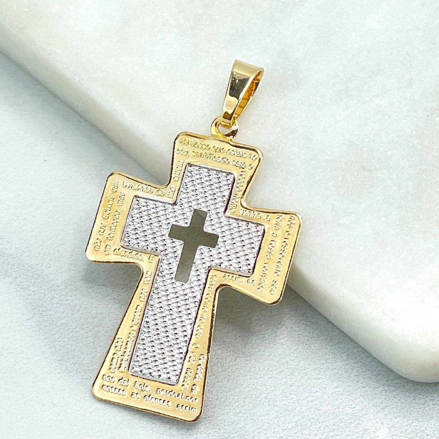 18k Gold Filled Texturized & Cutout Two Tone Crucifix Cross Shape with Clear Cubic Zirconia Charm Pendant, Wholesale Jewelry Making Supplies