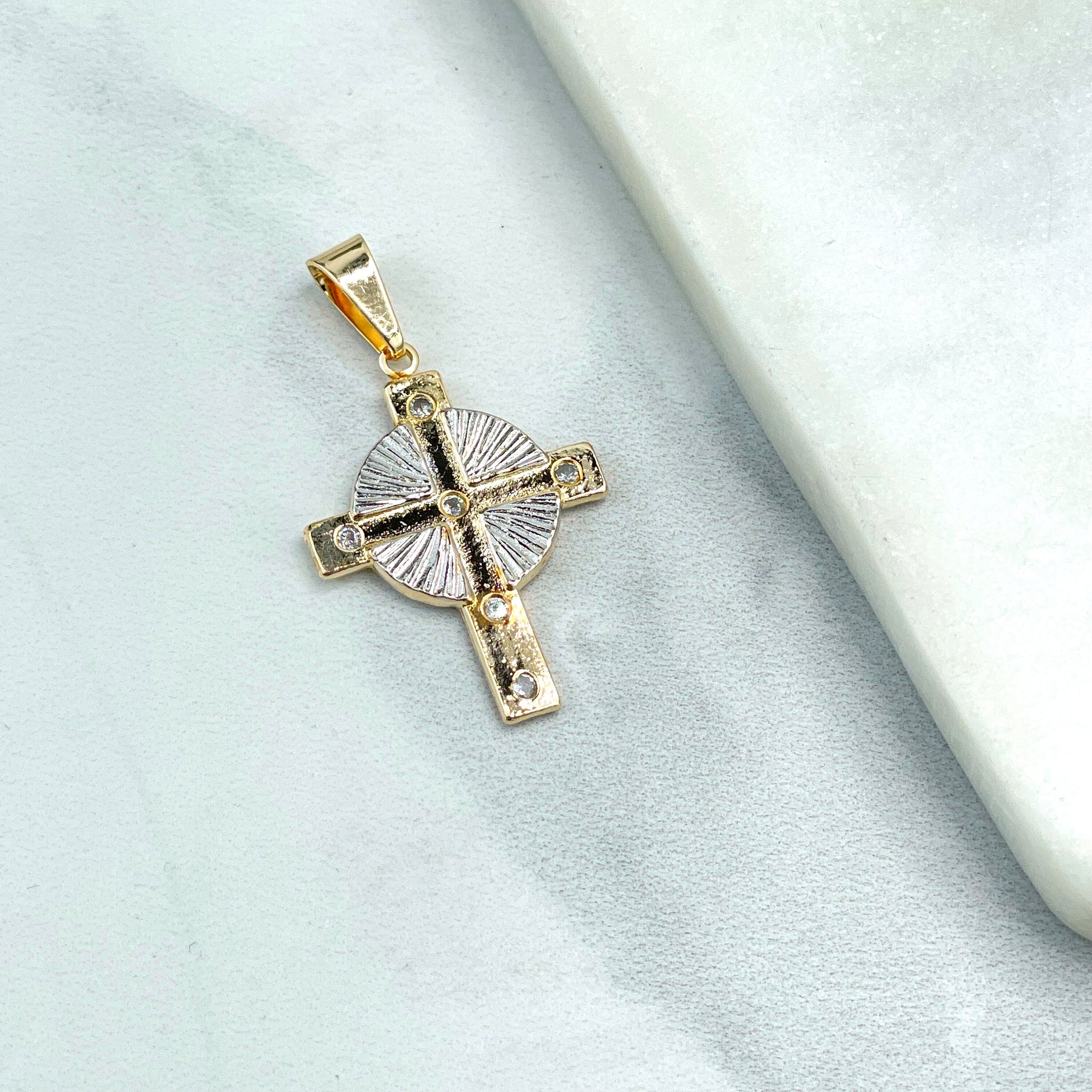 18k Gold Filled Two Tone Radiant Jesus Crucifix Cross Shape with Clear Cubic Zirconia Charm Pendant, Wholesale Jewelry Making Supplies