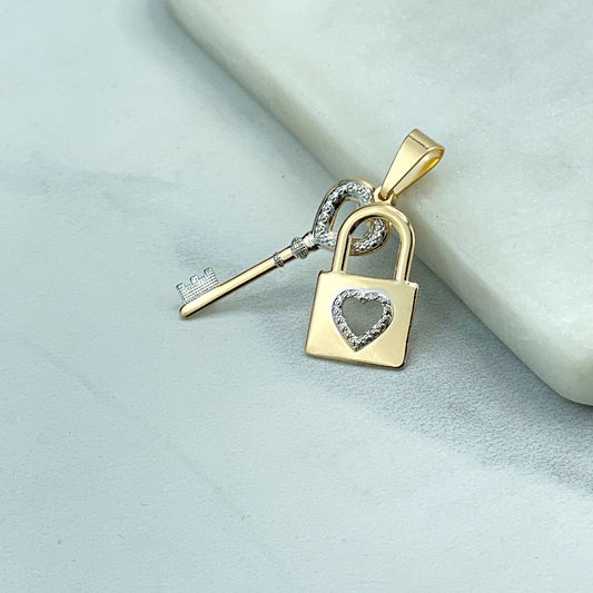 18k Gold Filled Two Tone Heart Key & Lock with Cutout Heart Charm Pendant, Wholesale Jewelry Making Supplies