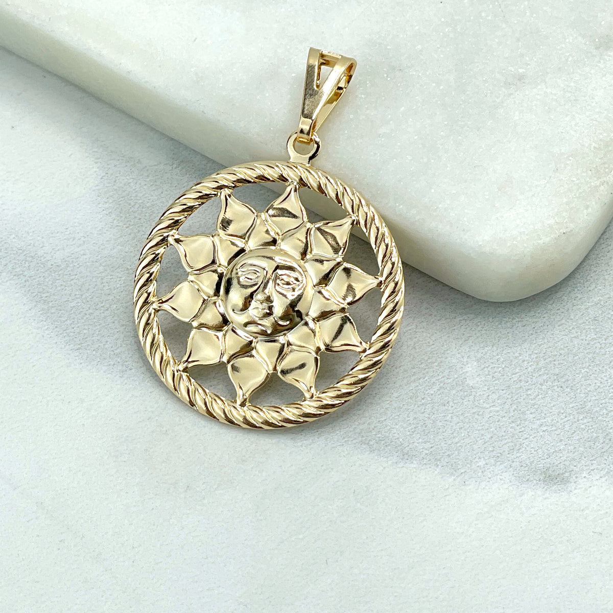 18k Gold Filled Cutout & Texturized Sun with Face Medal Amulet Pendant Charm, Wholesale Jewelry Making Supplies
