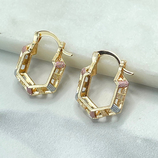 18k Gold Filled Tri Color, Tri Tone Geometric Basket Shape Design Hoops Earrings , Wholesale Jewelry Making Supplies