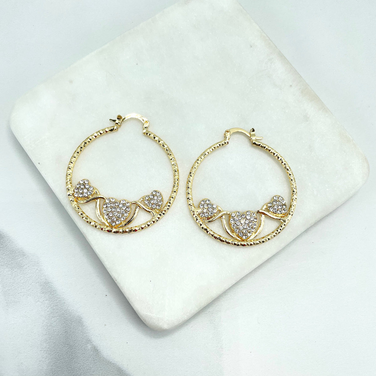 18k Gold Filled Texturized Hoops Earrings with Three Clear Cubic Zirconia Hearts Detail, Wholesale Jewelry Making Supplies