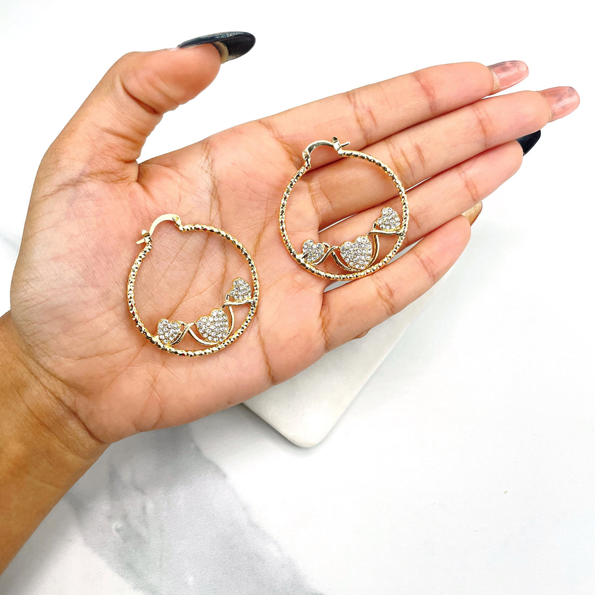 18k Gold Filled Texturized Hoops Earrings with Three Clear Cubic Zirconia Hearts Detail, Wholesale Jewelry Making Supplies