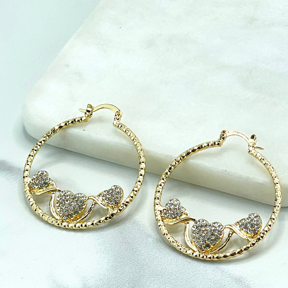 18k Gold Filled Texturized Hoops Earrings with Three Clear Cubic Zirconia Hearts Detail, Wholesale Jewelry Making Supplies