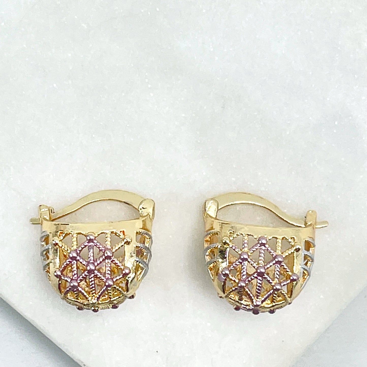 18k Gold Filled Two Tone Texturized Basket Shape Design Hoops Earrings, Wholesale Jewelry Making Supplies