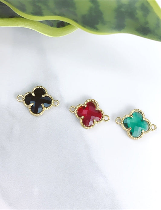 18k Gold Filled Acrylic Colored Flower, Clover Shape Design Charms Pendant, Black Red or Green, Wholesale Jewelry Making Supplies