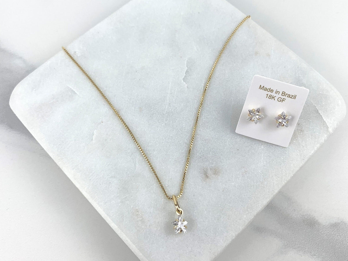 18k Gold Filled 1mm Box Chain with Pettie Clear Cubic Zirconia Star Shape Design Charm & Earrings Set, Wholesale Jewelry Making Supplies