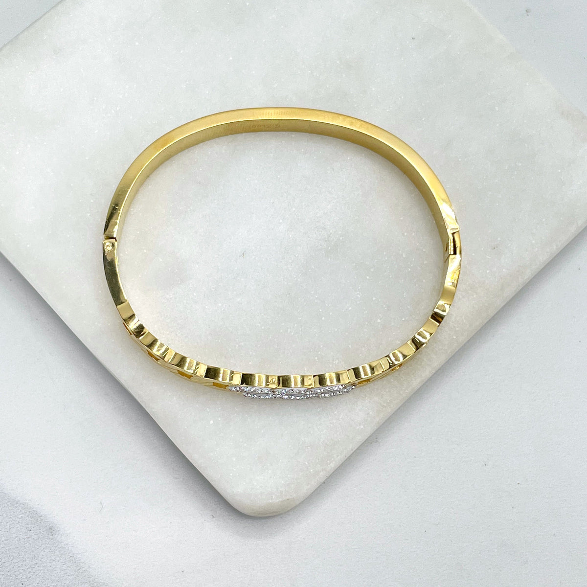 Stainless Steel Gold or Silver Plated With Micro Cubic Zirconia, Links Front Design, Bangle Bracelet, Wholesale Jewelry Making Supplies