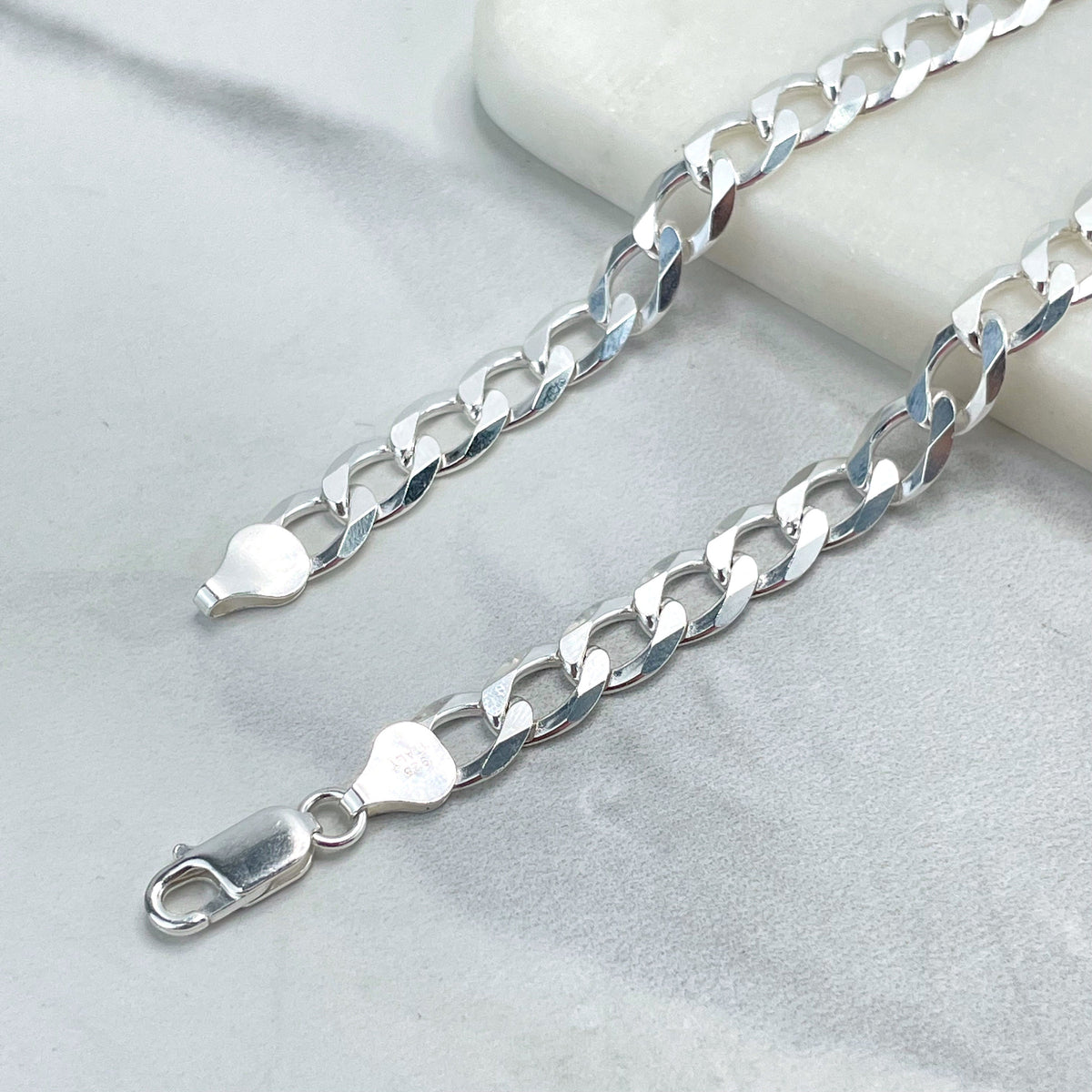 925 Sterling Silver 8mm Flat Curb Link Chain, Cuban Link Chain, 24 Inches Long, Stamped 925, Wholesale Jewelry Making Supplies