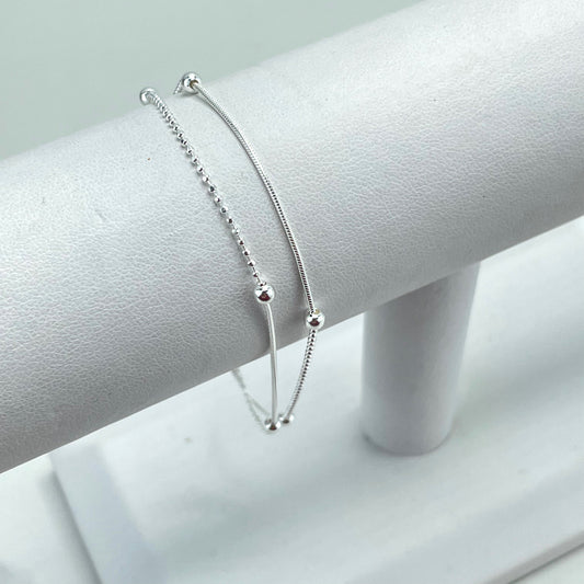 925 Sterling Silver Two Layers with Box Chain, Satellite Chain & Beads Bracelet with Extender, Stamped 925, Wholesale Jewelry Supplies