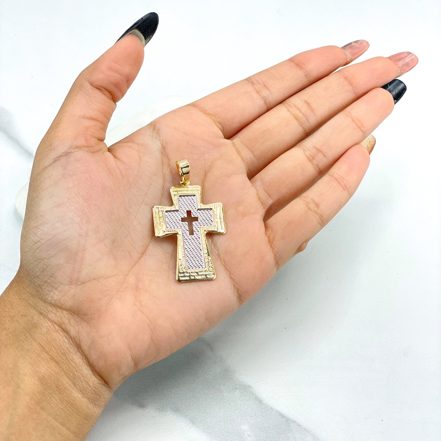 18k Gold Filled Texturized & Cutout Two Tone Crucifix Cross Shape with Clear Cubic Zirconia Charm Pendant, Wholesale Jewelry Making Supplies