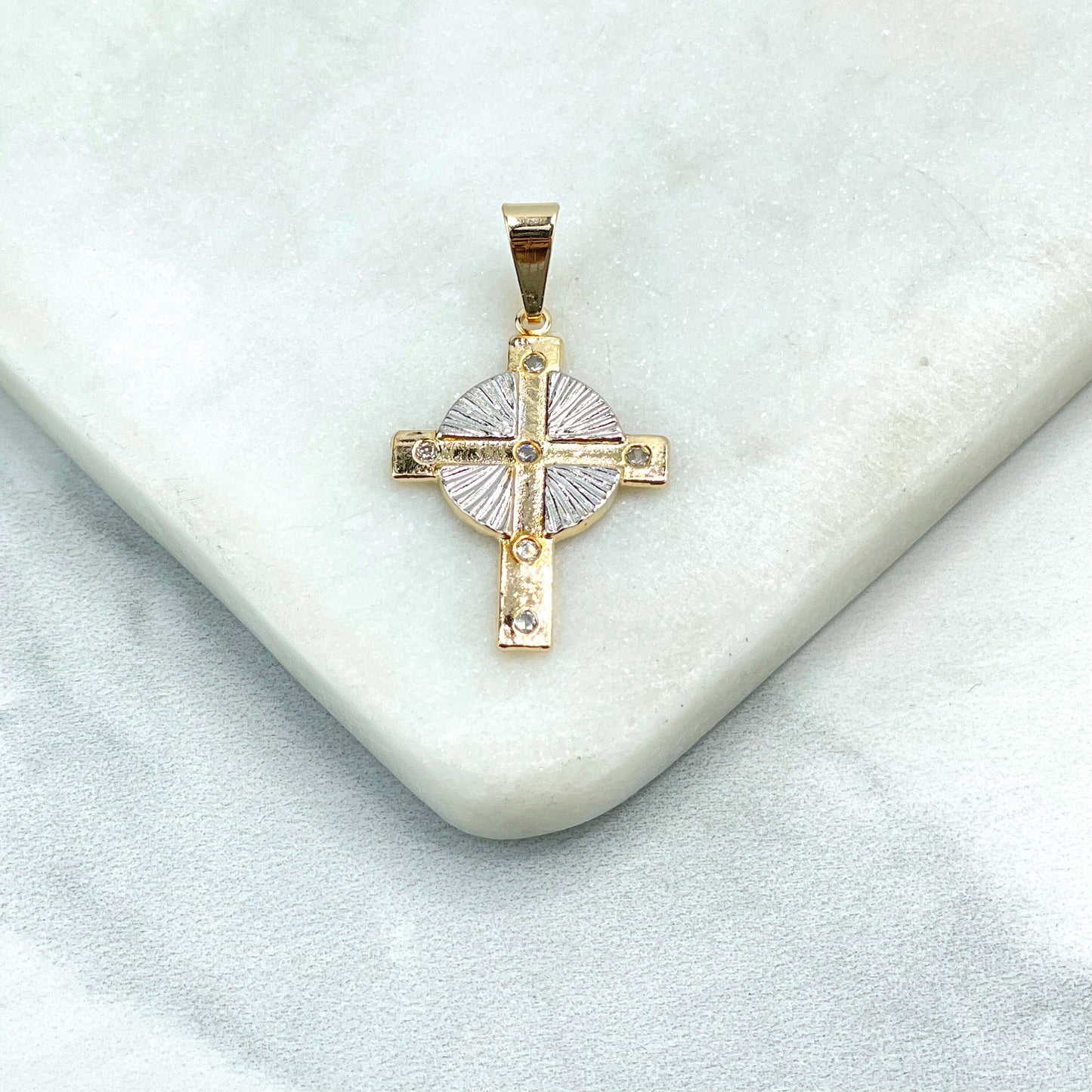 18k Gold Filled Two Tone Radiant Jesus Crucifix Cross Shape with Clear Cubic Zirconia Charm Pendant, Wholesale Jewelry Making Supplies