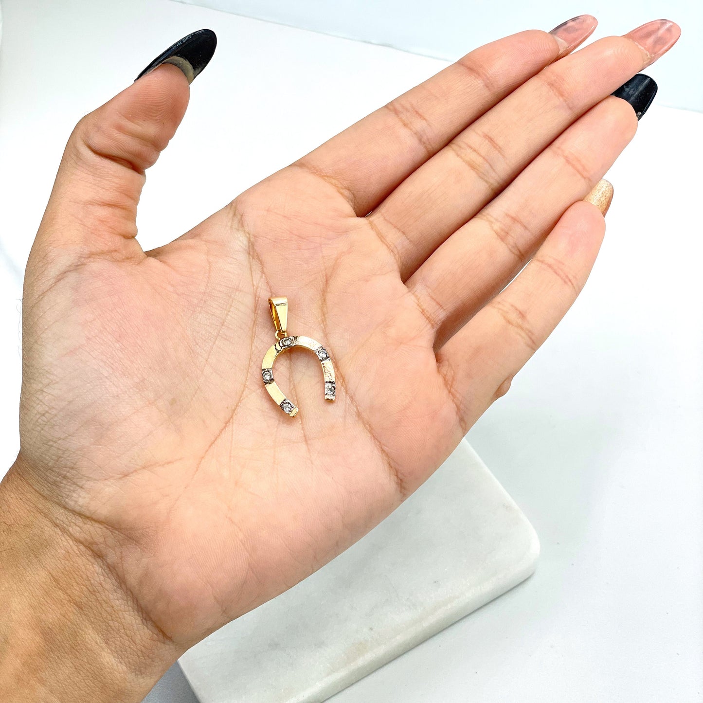 18k Gold Filled Gold Lucky Horseshoe Shape with Clear Cubic Zirconia Charm Pendant, Wholesale Jewelry Making Supplies
