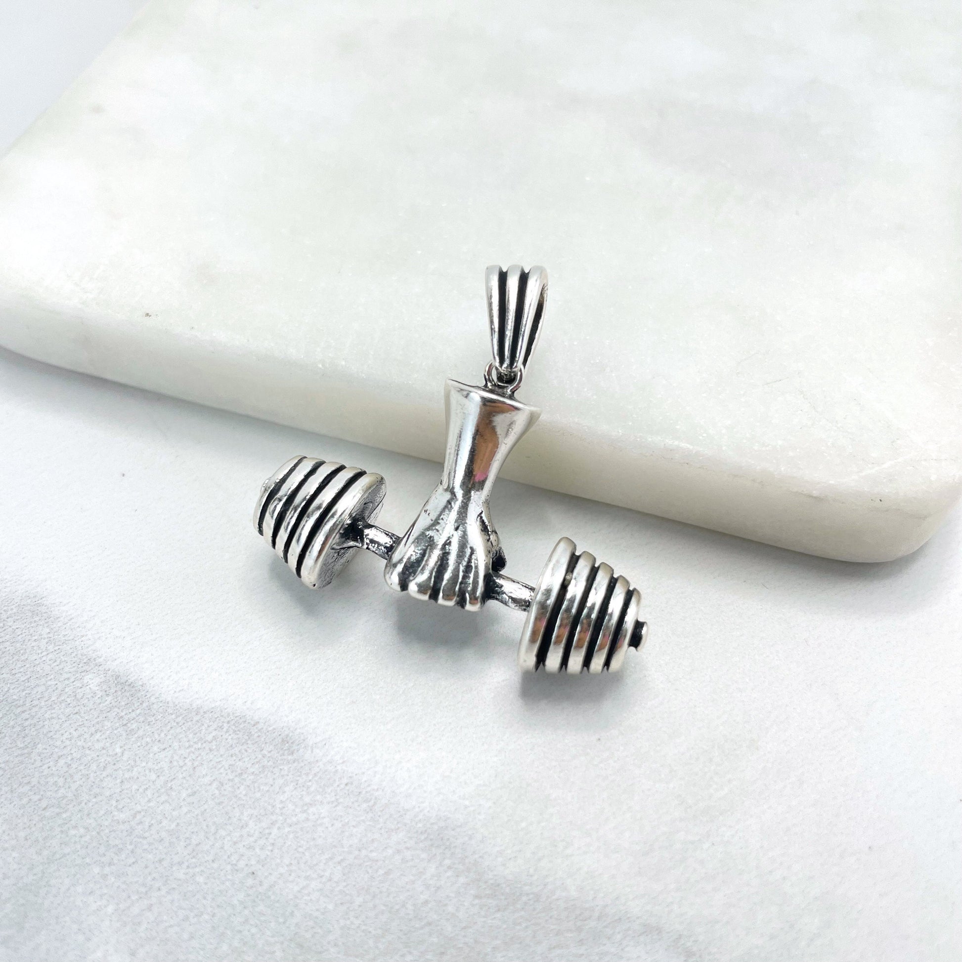 925 Sterling Silver Hand Weight Lifting Barbell Dumbbell Pendant