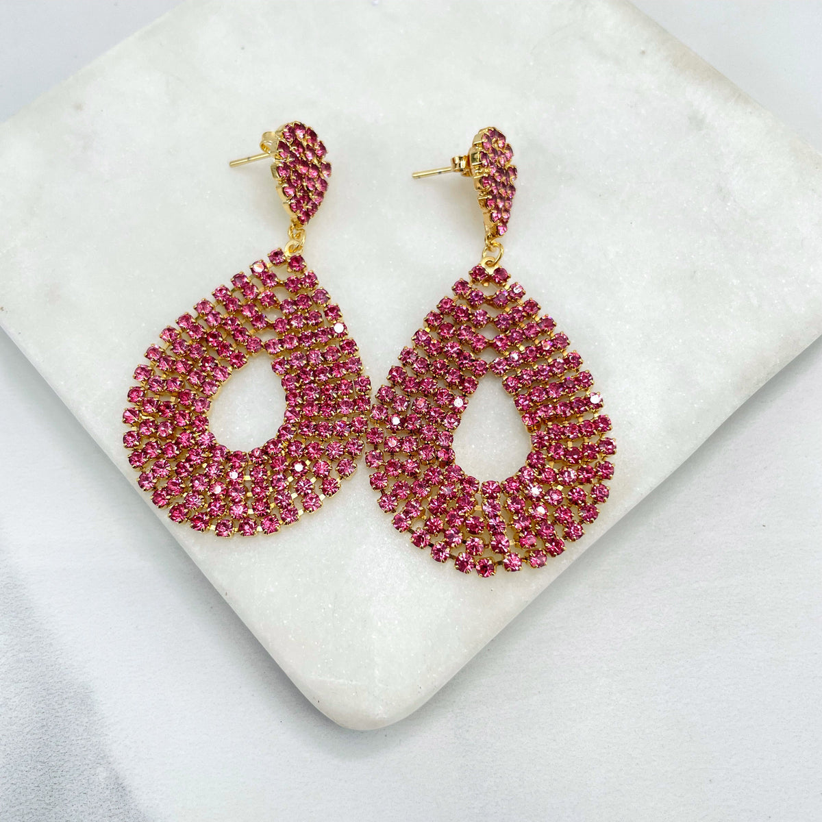 18k Gold Filled Elegant Pink or Clear Cubic Zirconia Cutout Teardrop Shape Dangle Earrings, Wholesale Jewelry Making Supplies