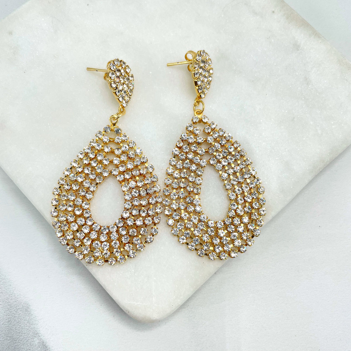 18k Gold Filled Elegant Pink or Clear Cubic Zirconia Cutout Teardrop Shape Dangle Earrings, Wholesale Jewelry Making Supplies
