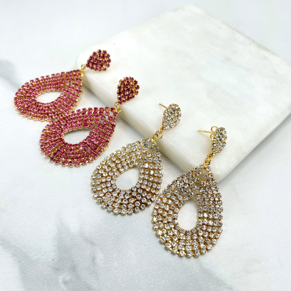 18k Gold Filled Elegant Pink or Clear Cubic Zirconia Cutout Teardrop Shape Dangle Earrings, Wholesale Jewelry Making Supplies
