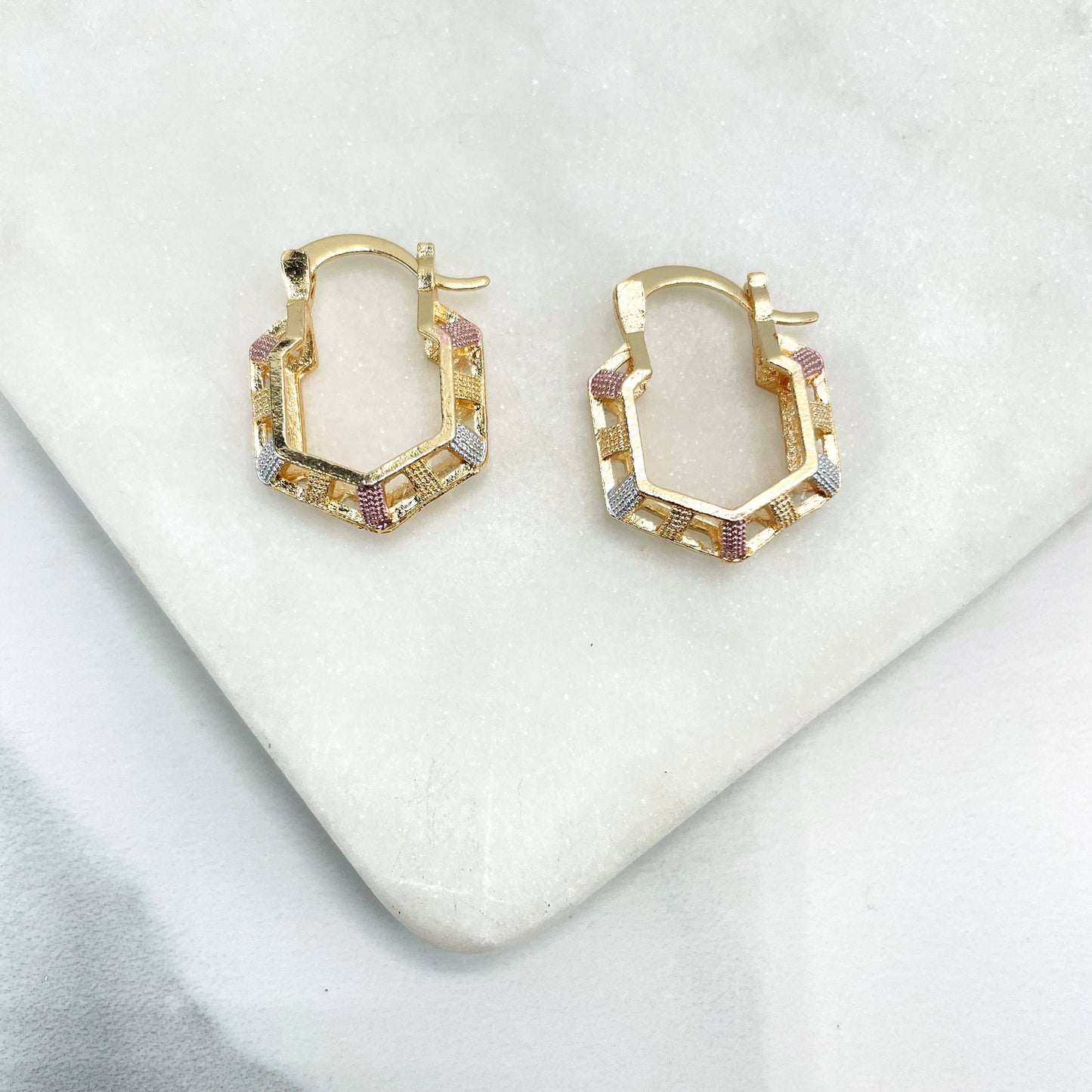 18k Gold Filled Tri Color, Tri Tone Geometric Basket Shape Design Hoops Earrings , Wholesale Jewelry Making Supplies