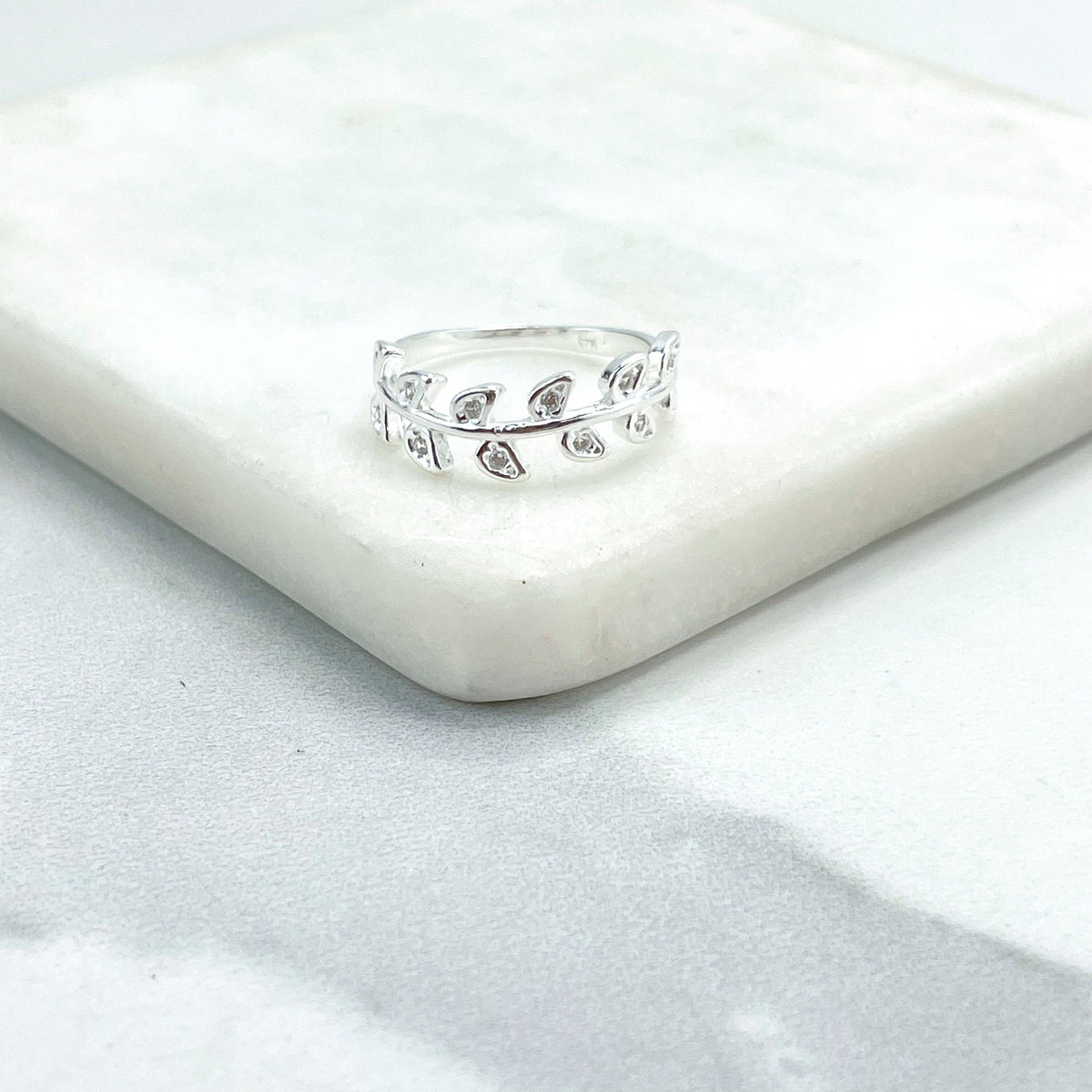 925 Sterling Silver Clear Cubic Zirconia Olive Branch Leaves Design Ring, Stamped 925, Wholesale Jewelry Making Supplies