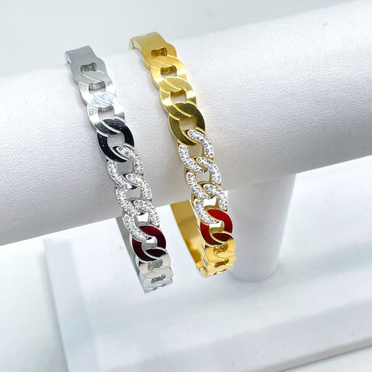 Stainless Steel Gold or Silver Plated With Micro Cubic Zirconia, Links Front Design, Bangle Bracelet, Wholesale Jewelry Making Supplies