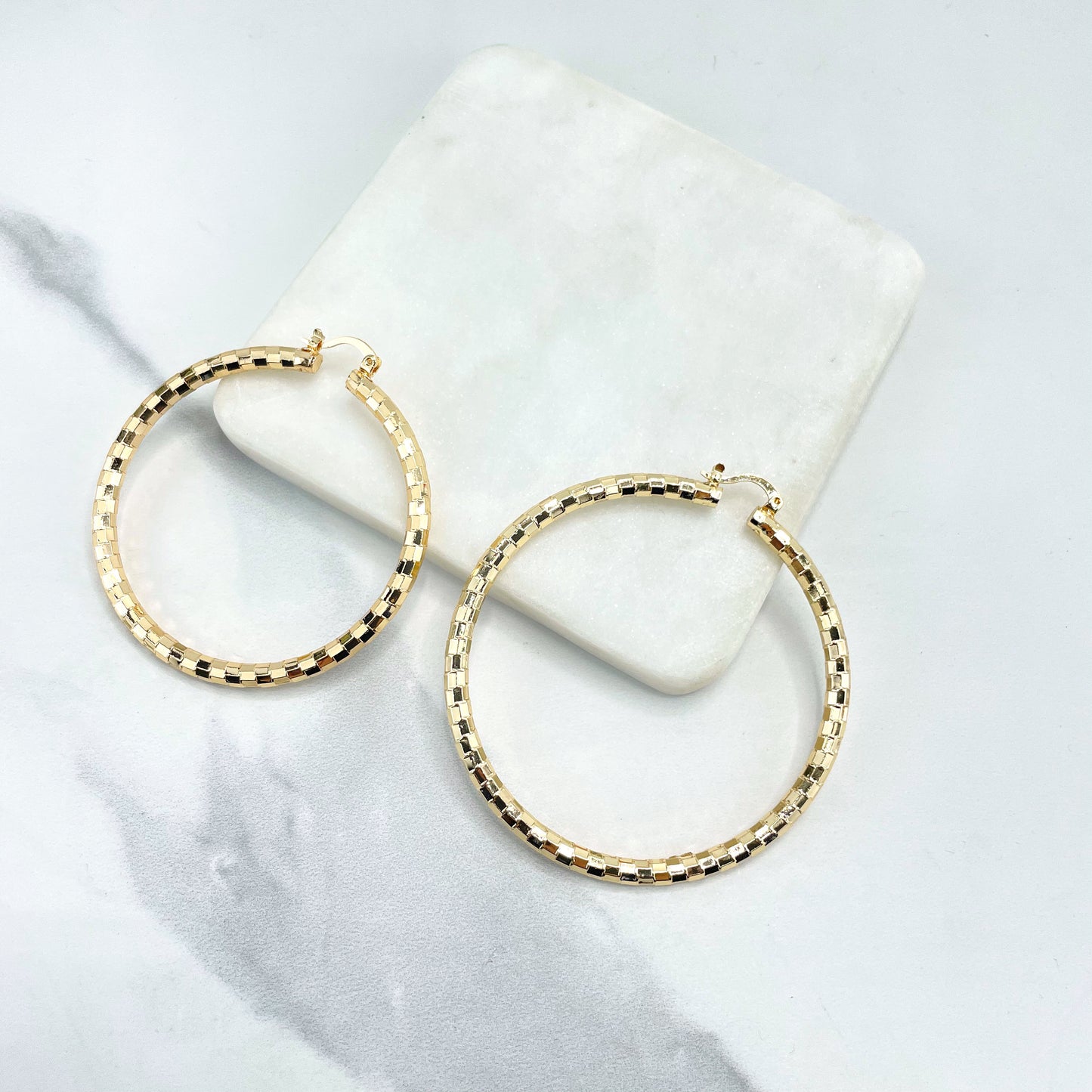 18k Gold Filled Texturized Squares Design Hoops Earrings, Large hoops 62mm or 72mm, Wholesale Jewelry Making Supplies